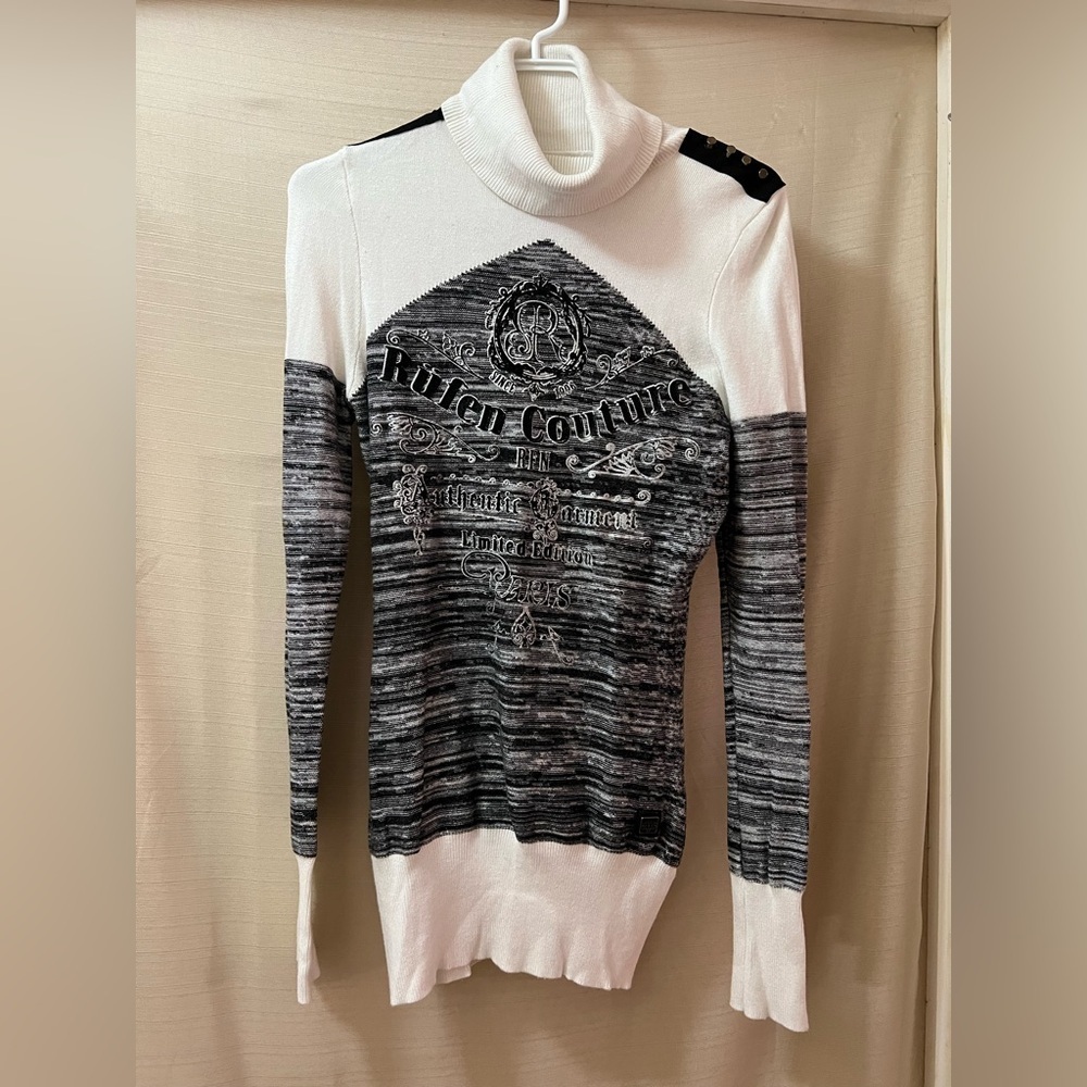 Rüfen Couture Y2K Graphic Turtleneck Sweater Studded Shoulder 2000s Gothic Top